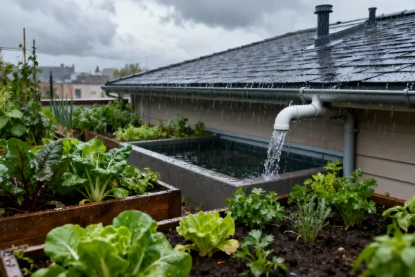Água da chuva sendo coletada em reservatório no telhado
