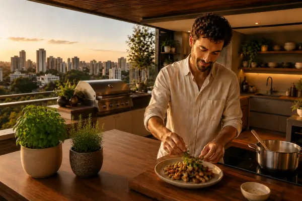 Homem colhe ervas frescas enquanto cozinha em varanda gourmet urbana