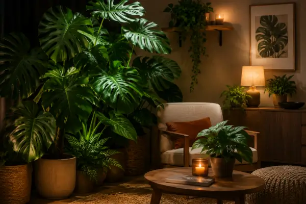 Sala de estar com folhagens tropicais em ambiente interno aconchegante