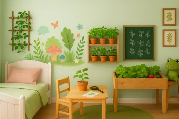 Quarto infantil temático com elementos de decoração verde e estação de aprendizado