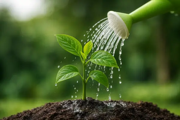 Regador molhando uma pequena planta com folhas verdes