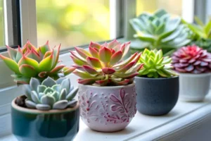 Suculentas em vasos sobre peitoril iluminado em ambiente interno moderno