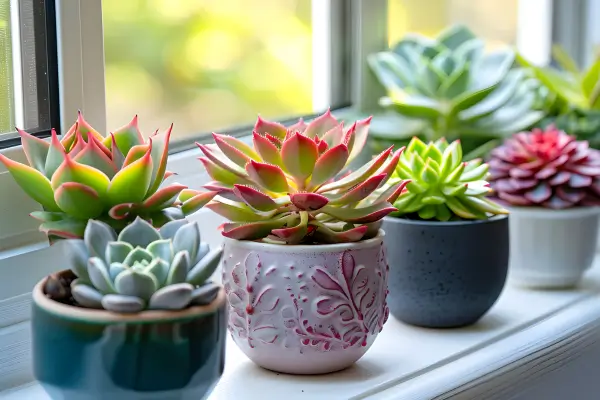 Suculentas em vasos sobre peitoril iluminado em ambiente interno moderno