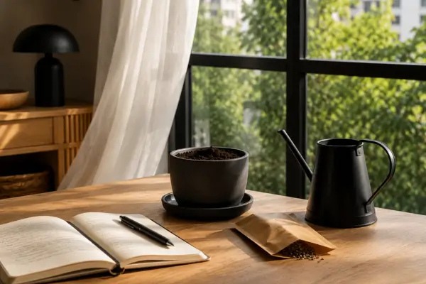 Cantinho de cultivo interno com vaso, sementes e luz natural próxima à janela