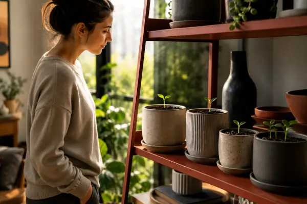 Pessoa observa mudas em germinação em estante vermelha próxima a uma janela iluminada por luz natural