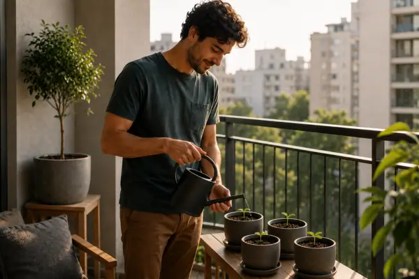 Homem rega brotos em vasos sobre uma mesa de madeira em varanda urbana