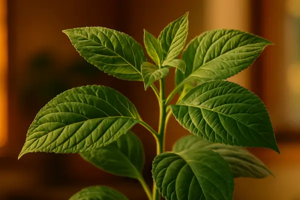 Planta jovem com folhas verdes e viçosas em ambiente interno