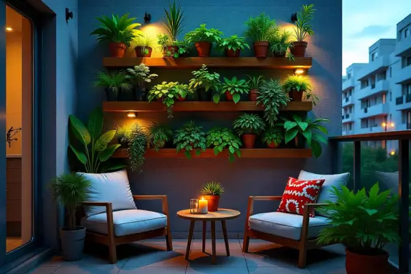 Horta vertical com plantas aromáticas em varanda iluminada