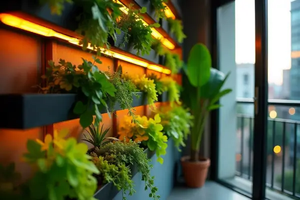 Horta vertical com ervas e temperos iluminada por luz artificial em varanda moderna