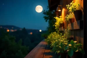 Varanda com plantas iluminadas pela lua cheia e luzes quentes