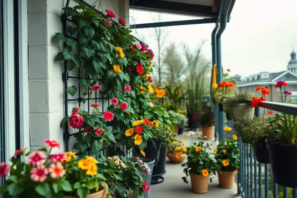 Varanda com vasos de flores comestíveis organizados em jardineiras coloridas