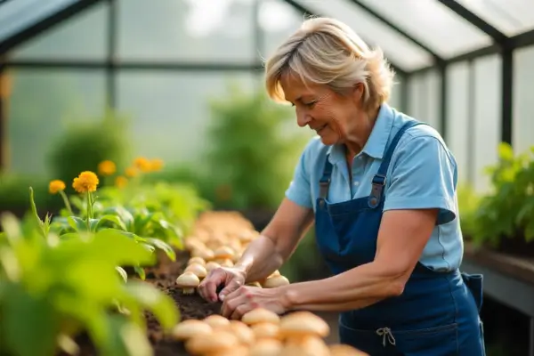 Mulher cuidando de cogumelos cultivados em estufa