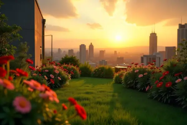 Jardim no telhado com flores ao entardecer e vista urbana