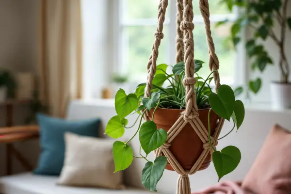 Vaso pendente com planta em ambiente de decoração escandinava