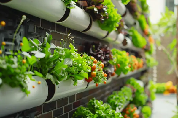 Jardim hidropônico vertical com vegetais integrando parede em espaço compacto