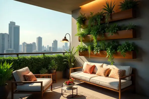 Varanda com folhagens tropicais em decoração intimista e de baixa manutenção