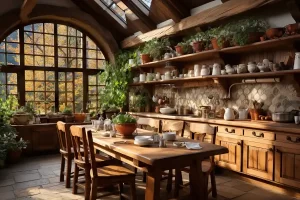 Cozinha rústica com estantes de madeira e vasos com temperos naturais