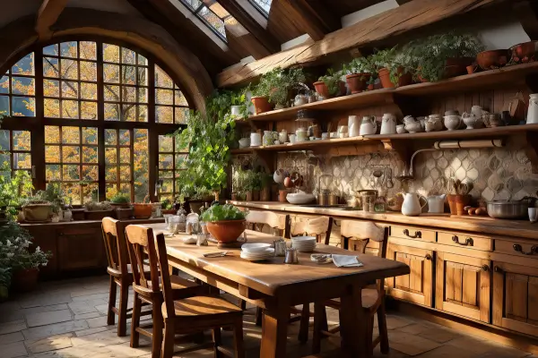 Cozinha rústica com estantes de madeira e vasos com temperos naturais
