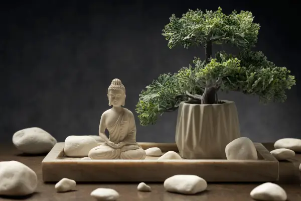 Arranjo de jardim zen com bonsai, pedras brancas e estátua de Buda