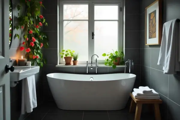 Banheiro contemporâneo com plantas adaptadas à umidade e luz natural