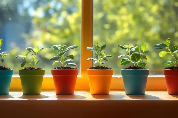 Brotos cultivados em pequenos vasos coloridos sob luz natural na janela
