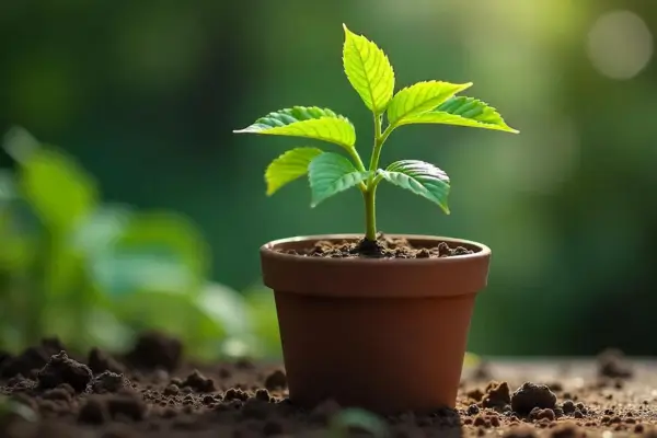 Muda com primeiras folhas crescendo em pequeno vaso de barro sobre o solo
