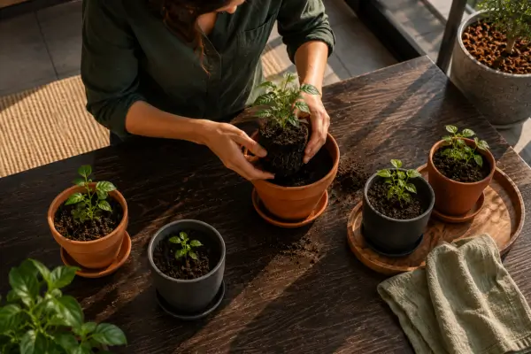 Mãos transplantam uma muda para um vaso maior sobre mesa de madeira