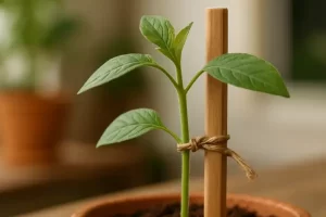 Muda jovem com suporte de bambu em vaso