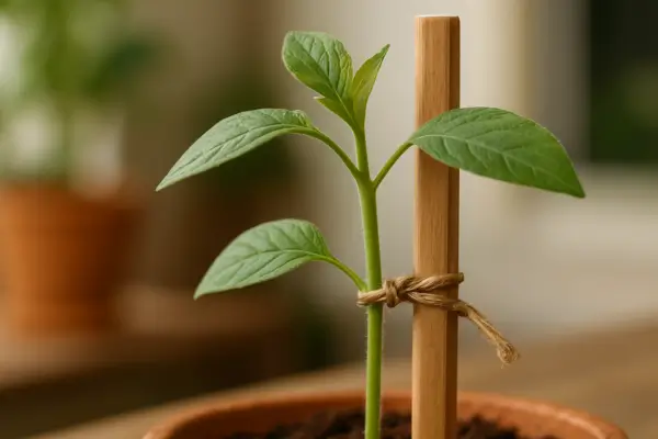 Muda jovem com suporte de bambu em vaso