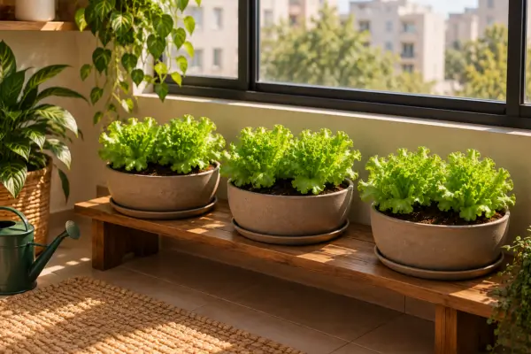 Três vasos de alface cultivados junto à janela de um apartamento