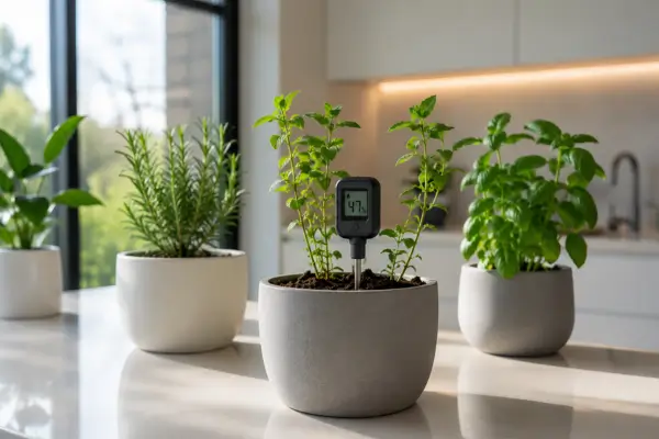 Sensor digital de umidade instalado em vaso de ervas sobre bancada moderna