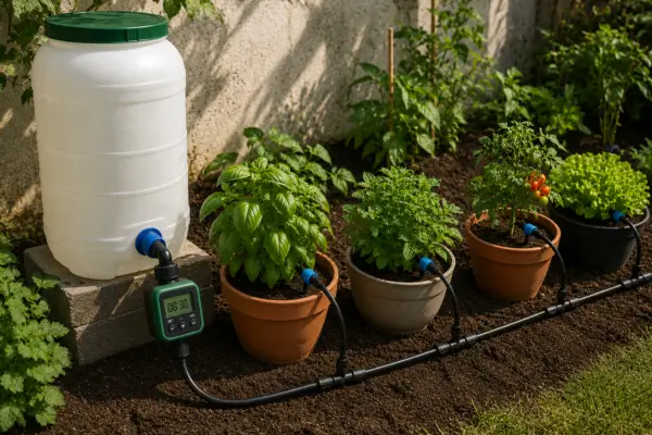 Sistema de irrigação por gotejamento instalado em horta residencial com reservatório de água e temporizador digital