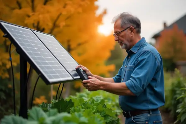 Sistema de irrigação solar em horta doméstica com painel fotovoltaico