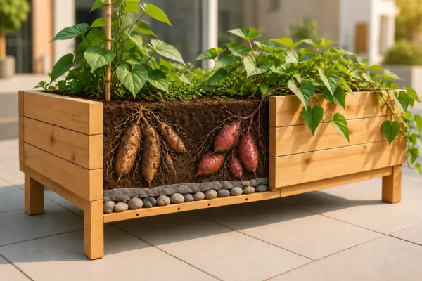Inhame e batata-doce cultivados em caixa elevada com sistema de drenagem visível