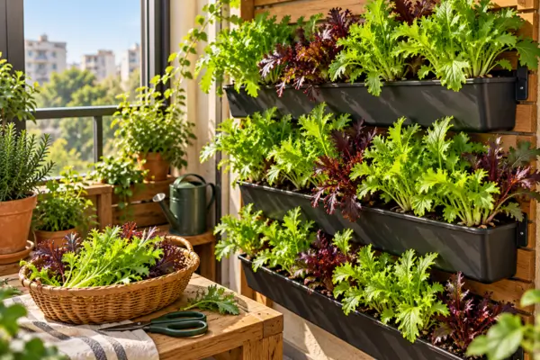 Mostarda japonesa cultivada em suporte vertical compacto na varanda