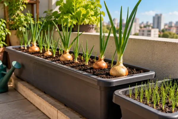 Cebolas em diferentes estágios de crescimento cultivadas em jardineira retangular na varanda