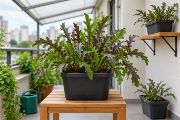 Rúcula roxa cultivada em vasos posicionados em três alturas diferentes numa varanda com luz natural indireta