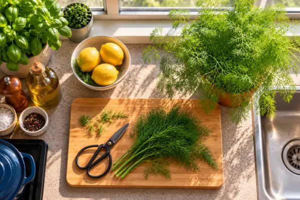 Endro fresco cultivado junto à janela e colhido na cozinha