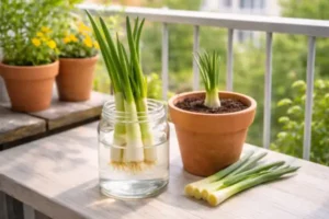 Alho-poró rebrotando em vaso na varanda iluminada por luz natural