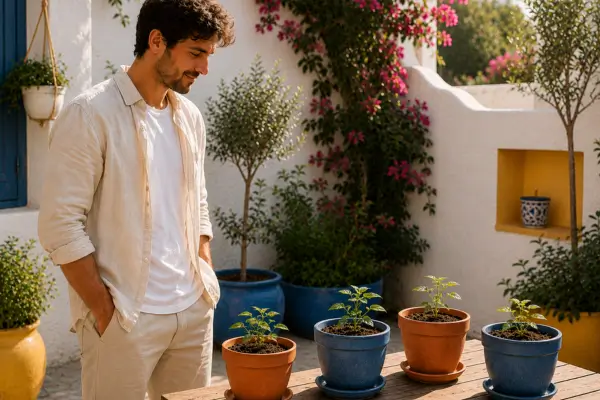 Homem observa mudas em vasos coloridos em um jardim externo