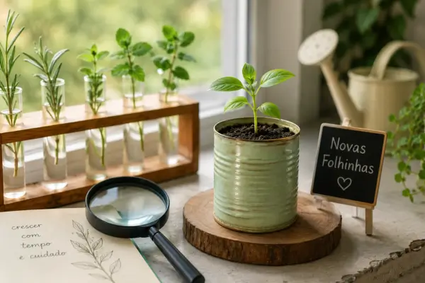 Muda em vaso reciclado sobre a janela iluminada por luz natural