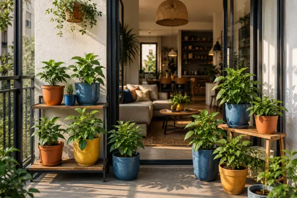 Varanda de apartamento com plantas em vasos coloridos
