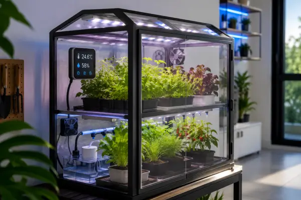 Mini estufa inteligente com sensores e iluminação LED para cultivo doméstico