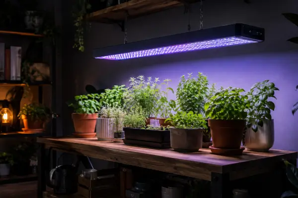 Plantas cultivadas sob luminária LED em ambiente interno com pouca luz
