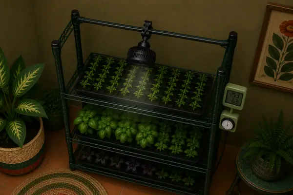 Mudas cultivadas em estante com ventilação automatizada em ambiente interno