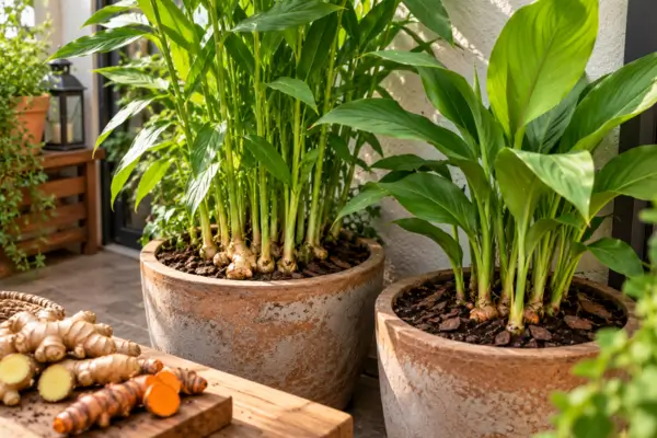 Gengibre e cúrcuma cultivados em vasos em um espaço residencial compacto